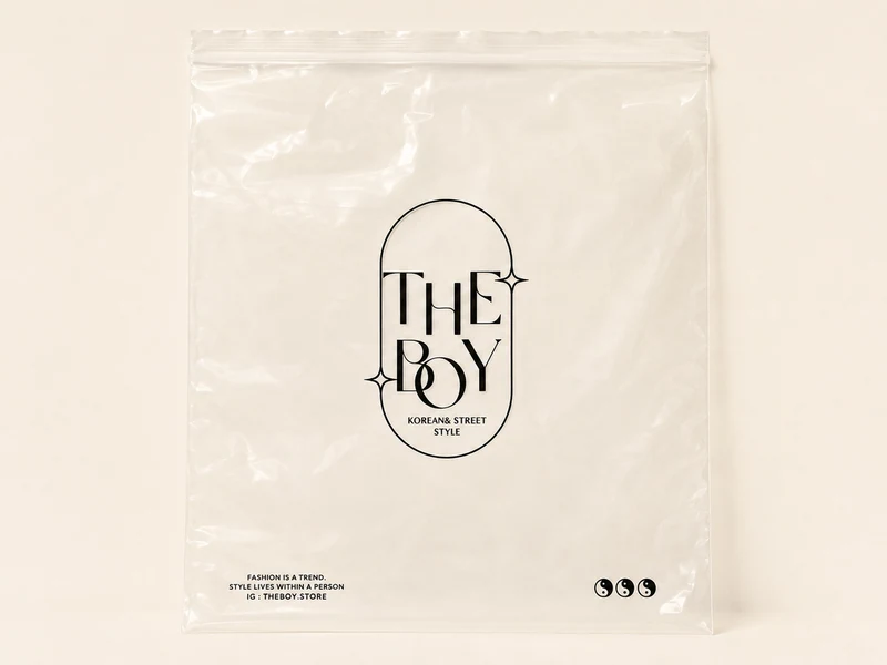 ถุงซิปล็อกใสแบบกดปิด พิมพ์แบรนด์ THE BOY สีดำ ไม่มีหัวรูด