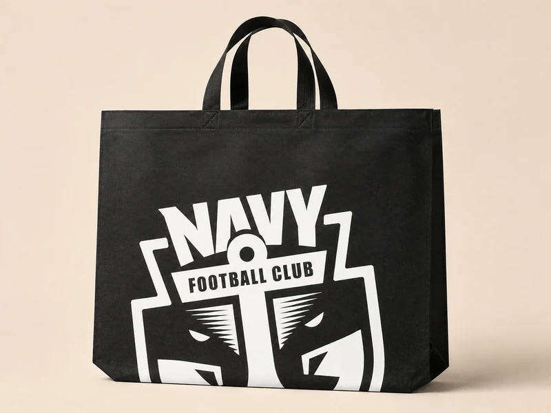 ถุงผ้าสปันบอนด์สีดำหูหิ้วเย็บ พิมพ์แบรนด์ NAVY FOOTBALL CLUB สีขาว