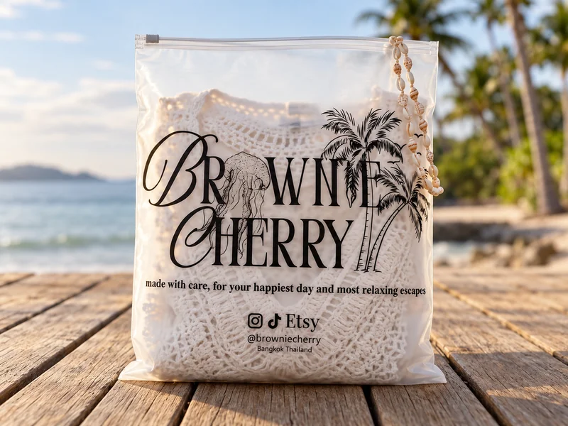 ถุงซิปรูดใสหัวรูดสีเทา พิมพ์ลาย BROWNIE CHERRY สีดำ