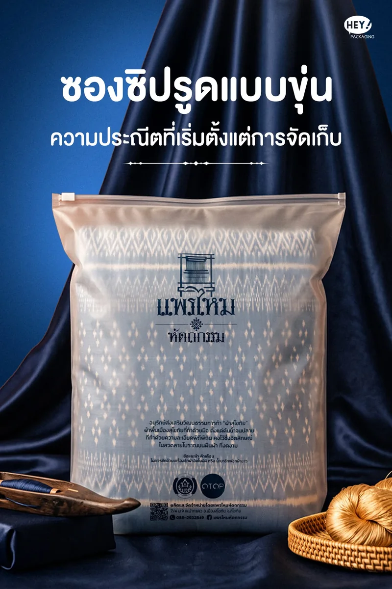 ภาพปกซองซิปรูดขุ่นพิมพ์ชื่อ แพรไหม หัตถกรรม และสัญลักษณ์กี่ทอผ้า
